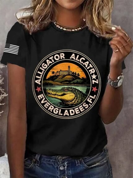 Women's Alligator Alcatraz Funny Florida Everglades Dark Humor Patoitic Print T-Shirt